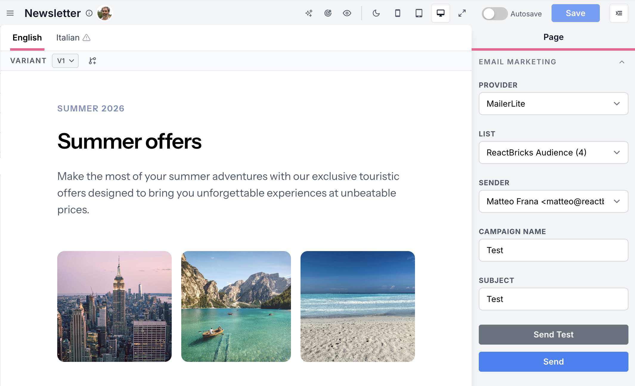 React Bricks email marketing editor interface