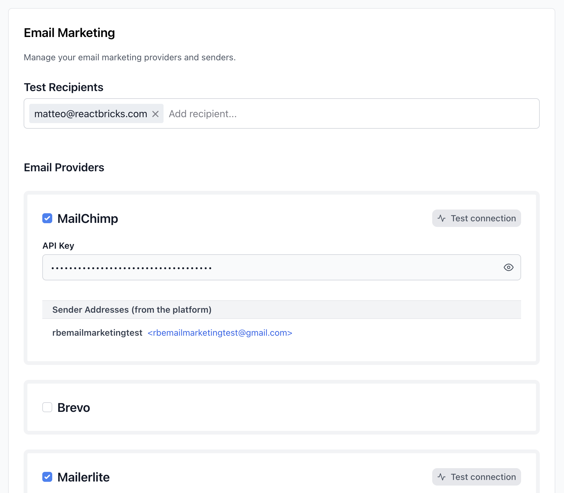 React Bricks Email Marketing provider configuration