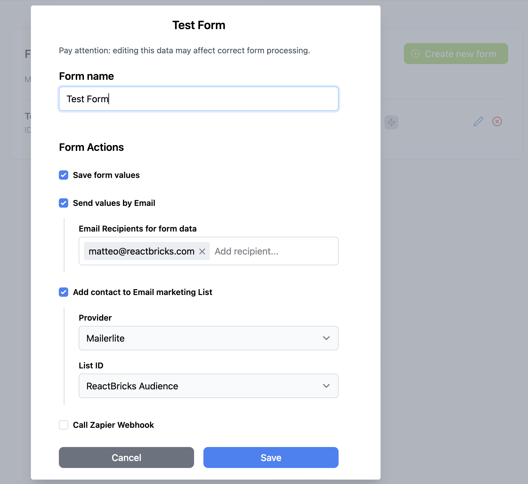 React Bricks form actions configuration