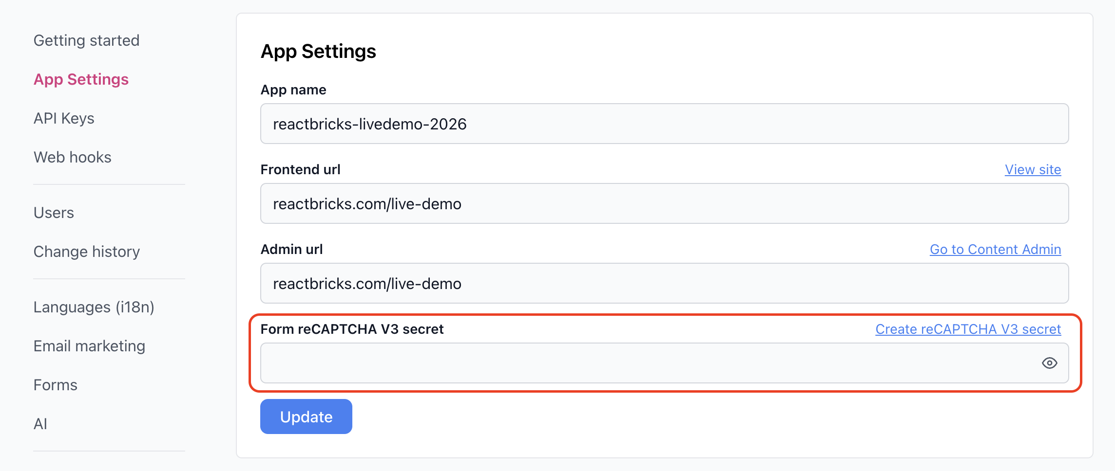 Form reCAPTCHA V3 secret setting in the React Bricks Dashboard